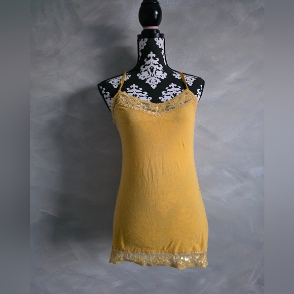 Vintage Tops - Y2K Women’s Tank Top Lace Trim Yellow Lace Cami Coquette Mermaid Iridecent Sz L